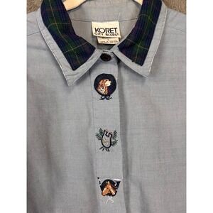 Koret City Blues Womens Large Blue Plaid Collar Equestrian Dog Embroidered Shirt